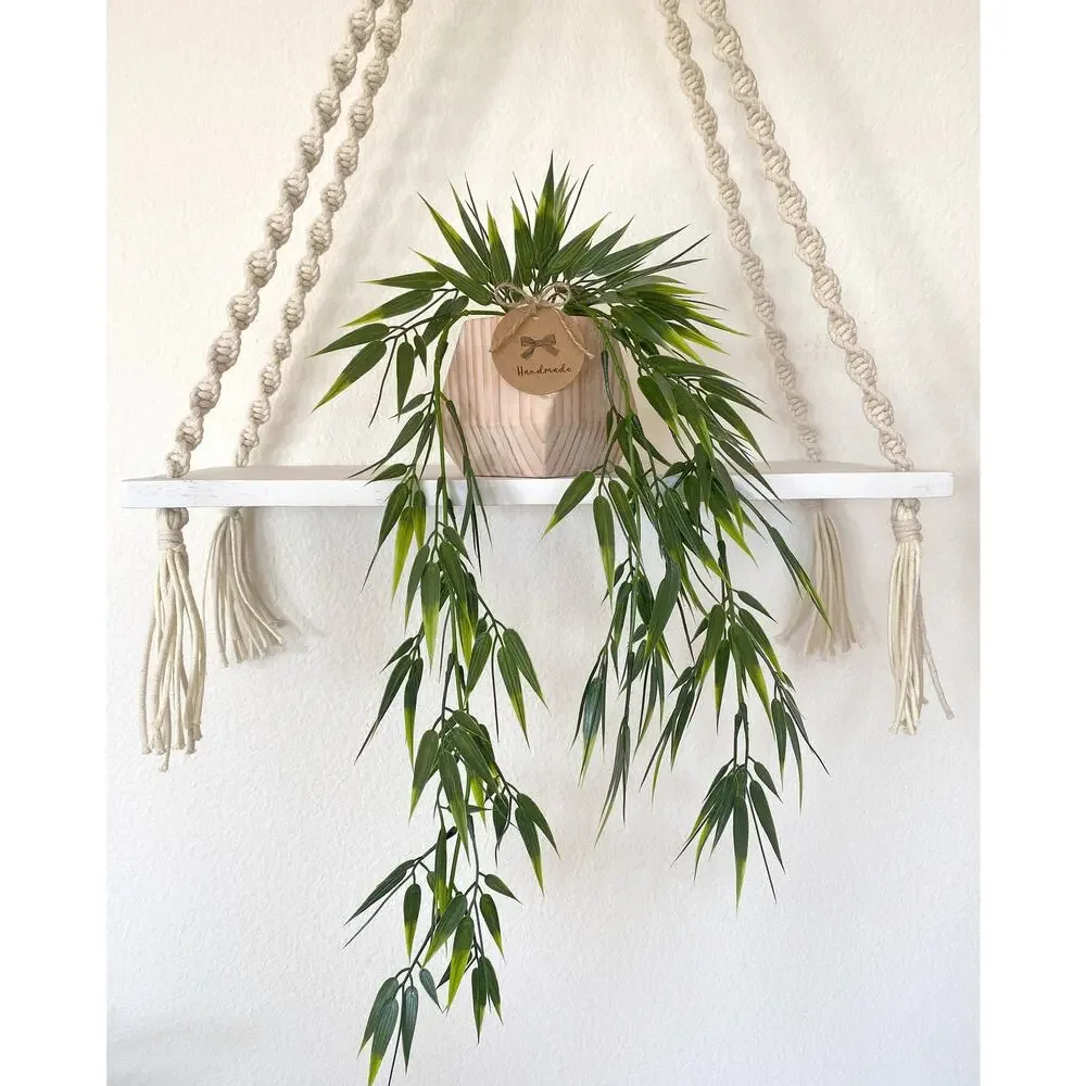 Set of 2 - Hanging Faux Bamboo and Eucalyptus Plant in Handmade Wood Pot - Picture 2 of 5